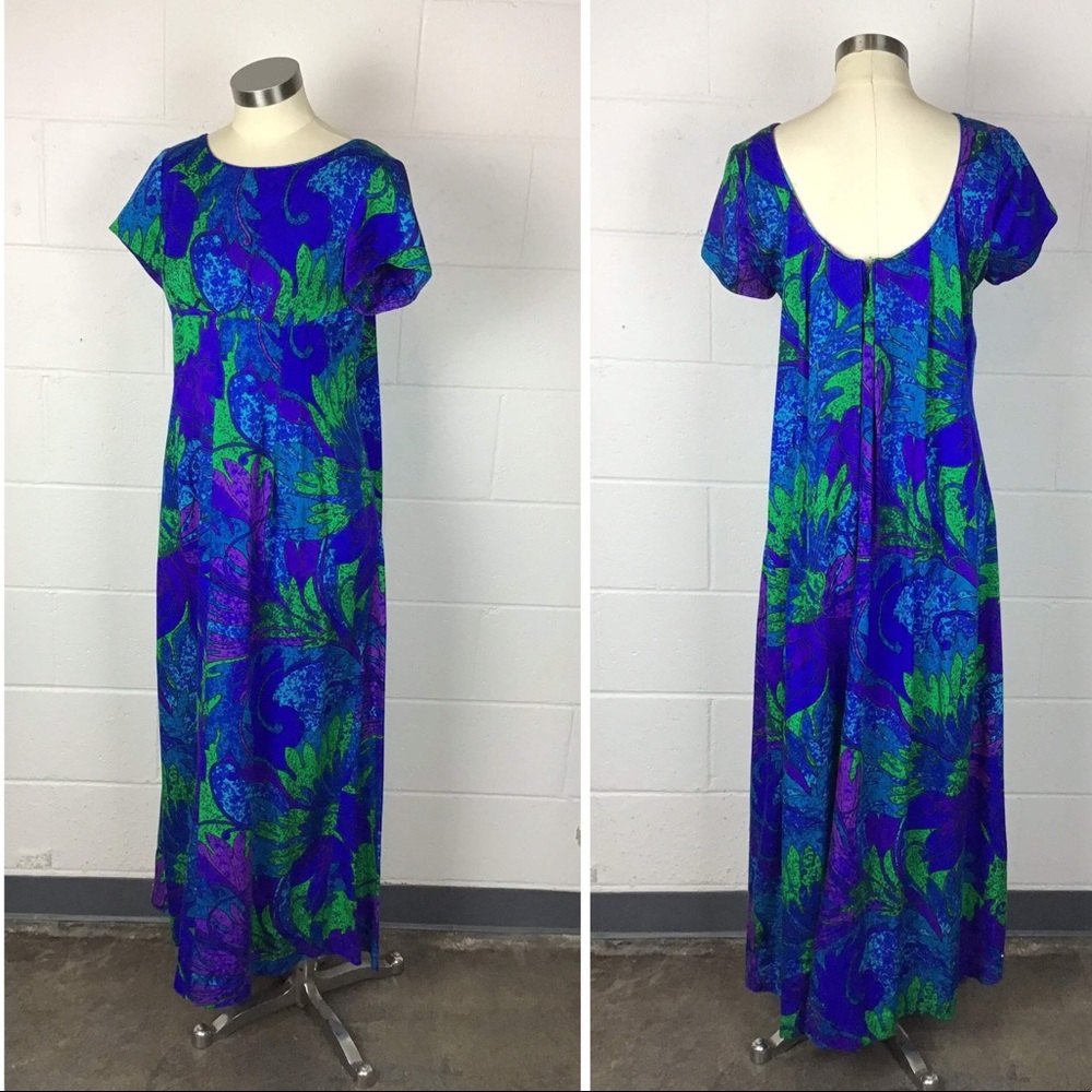 Vintage Hawaiian Print Floral Draped Maxi Dress